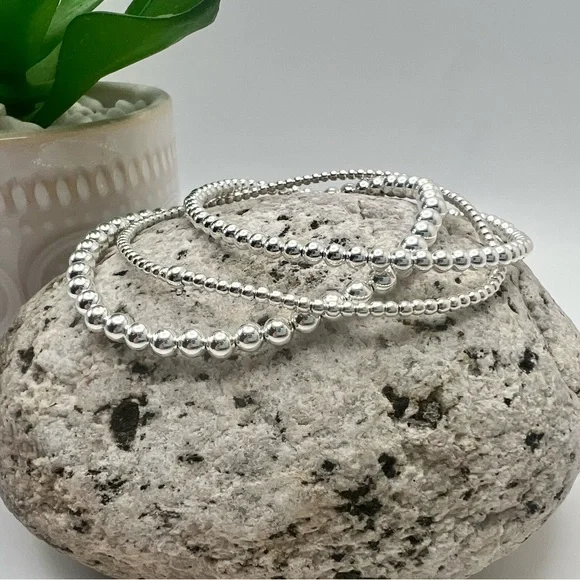 2mm 3mm 4mm Set of 3 Sterling Silver Stretch Bracelets - Picture 5 of 6